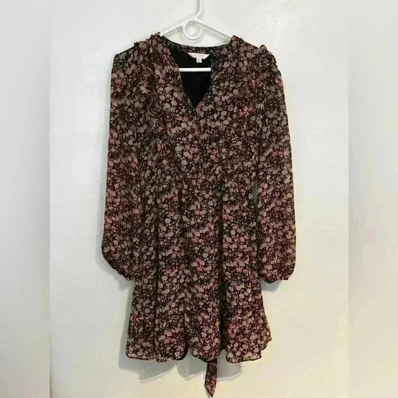 Lauren Conrad Women’s Black And Pink Floral Wrap Dress With Ruffle Detail Large - Picture 1 of 7